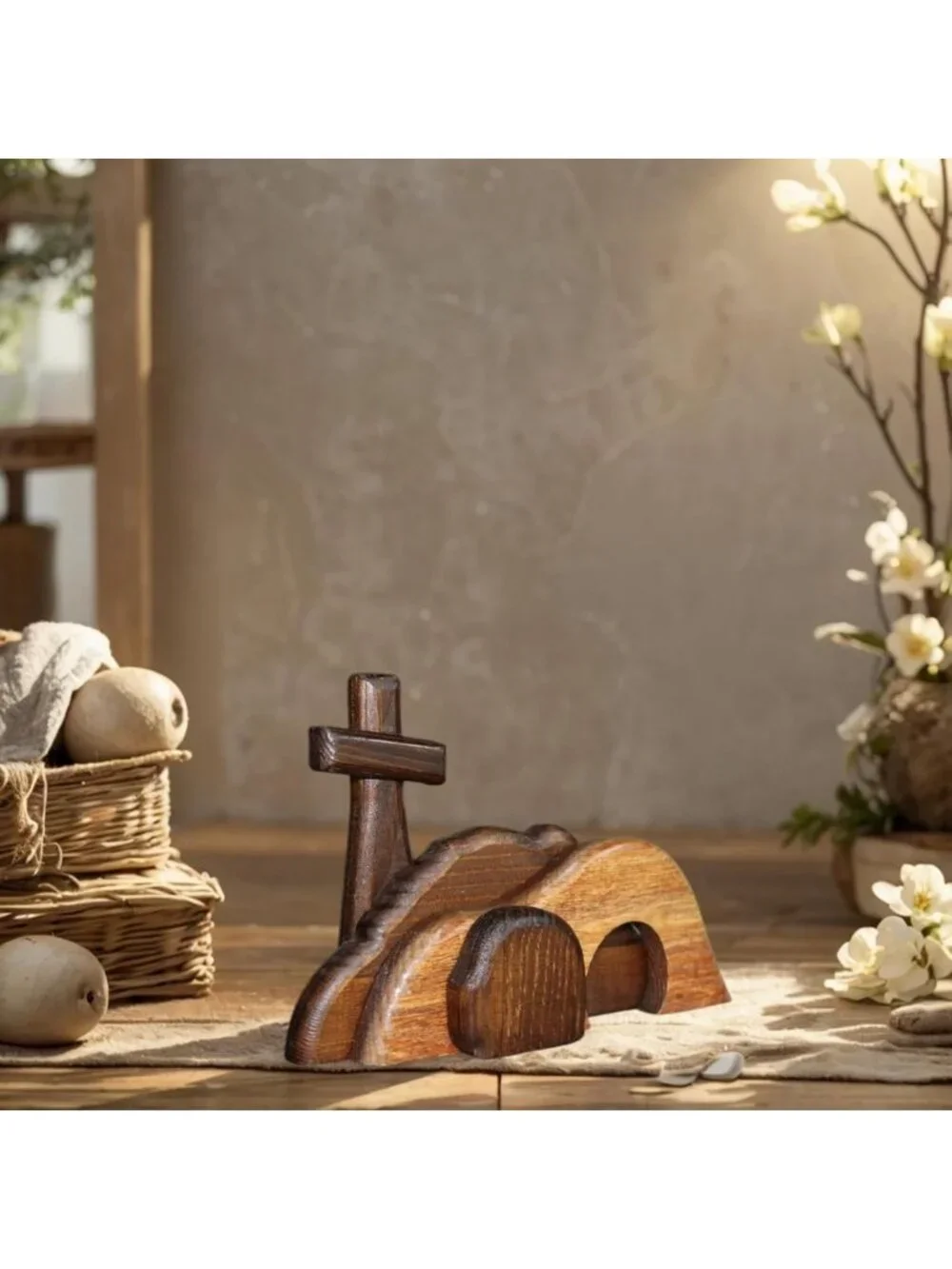 Easter Empty Tomb Scene & Cross Decoration - Wooden Jesus Tomb for Home Office
